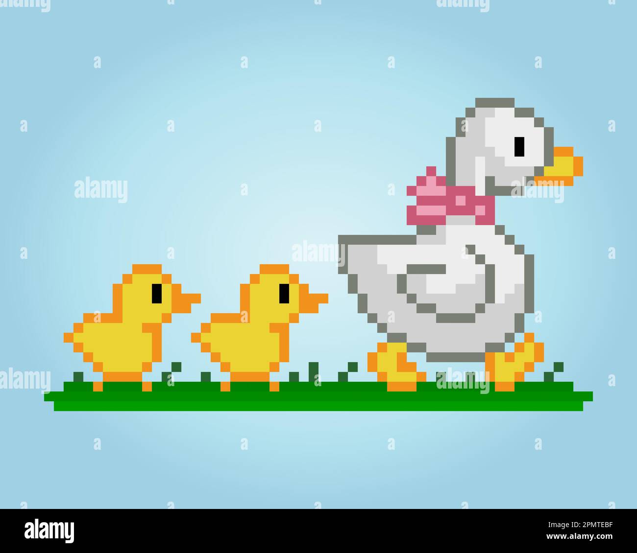 8 bit pixel parent duck and cubs. Animals pixel for game assets and